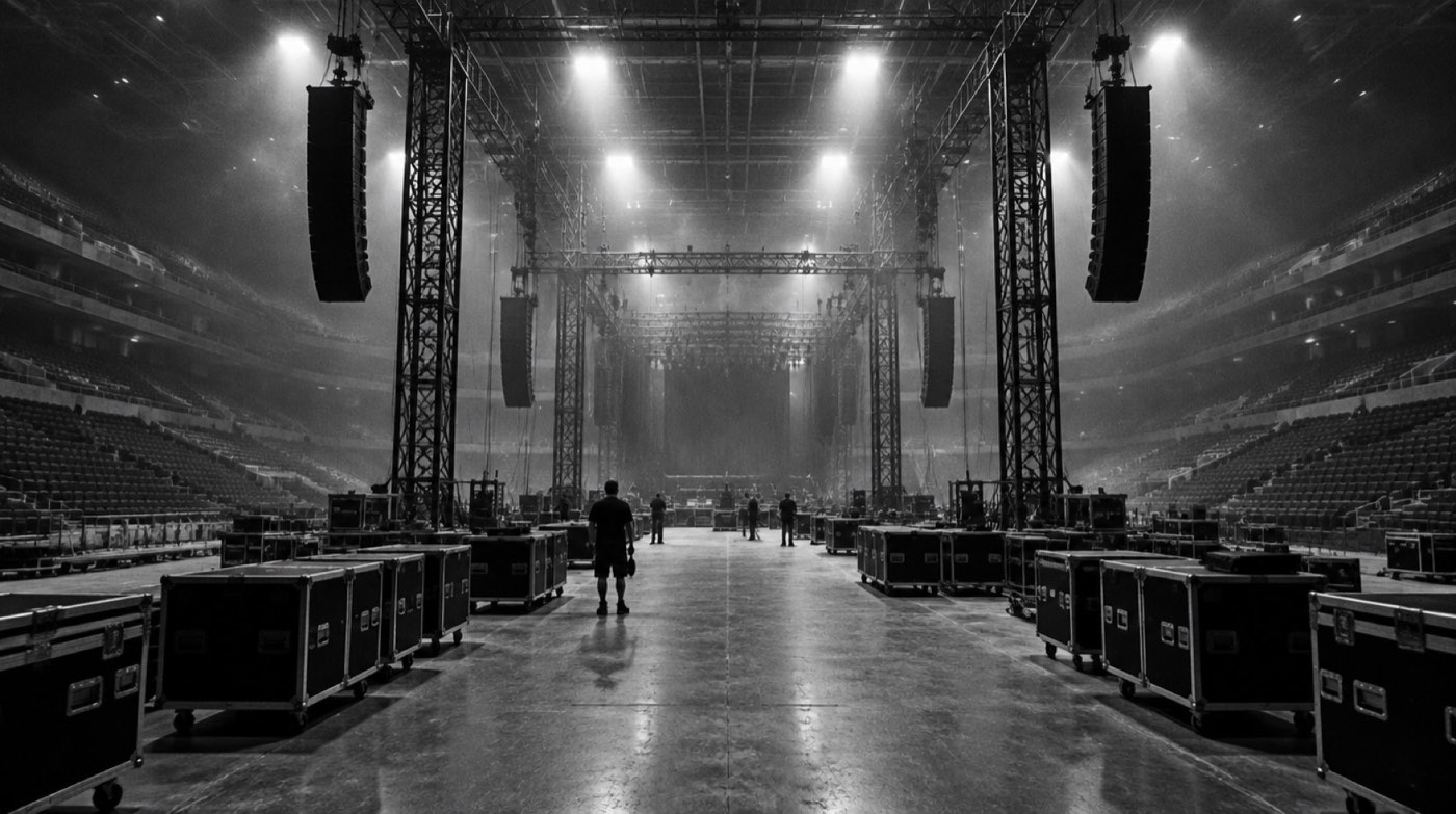 Empty arena during load-in, truss towers and hanging speakers